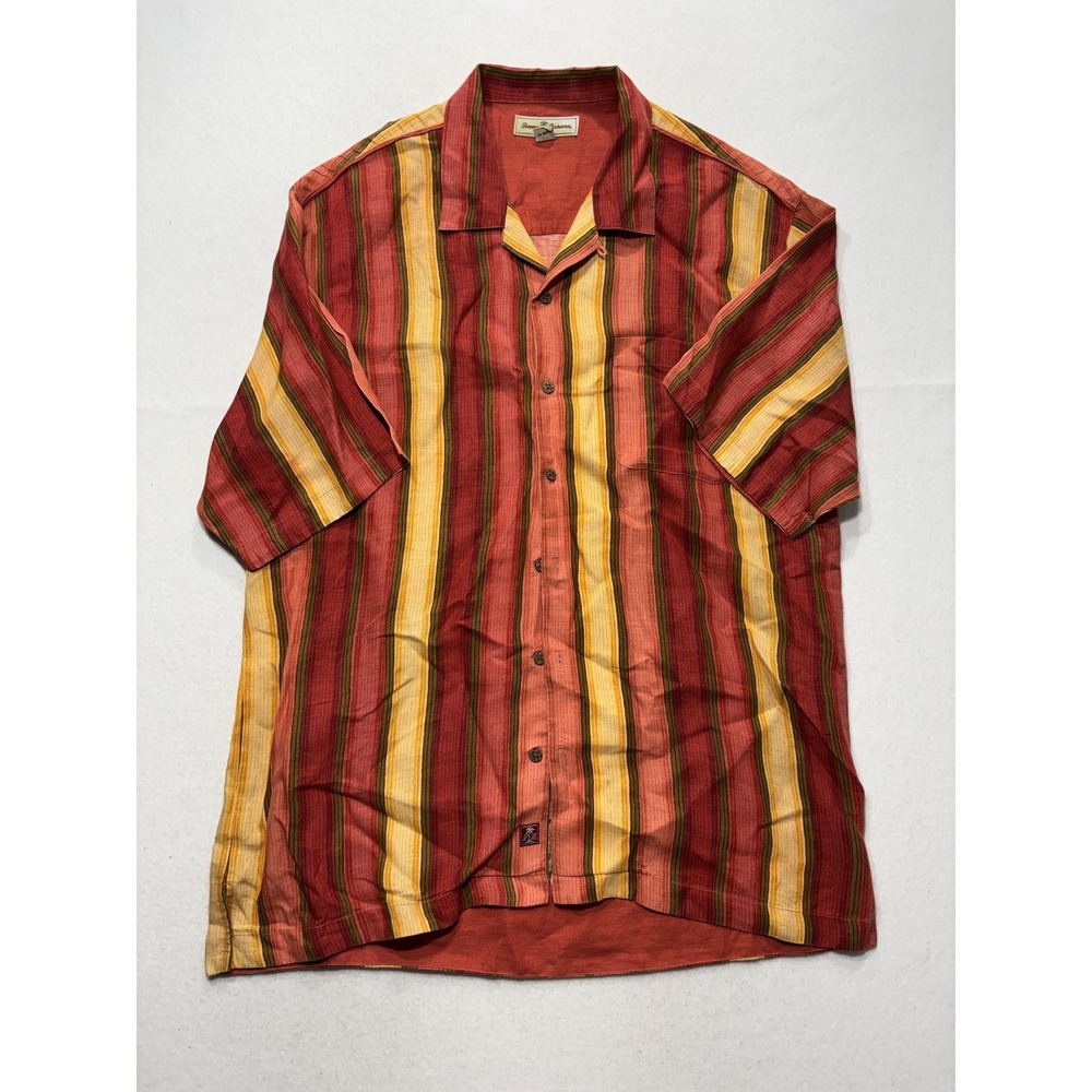 Tommy Bahama Mens Large Multicolor Striped Linen Short Sleeve Button Up Shirt